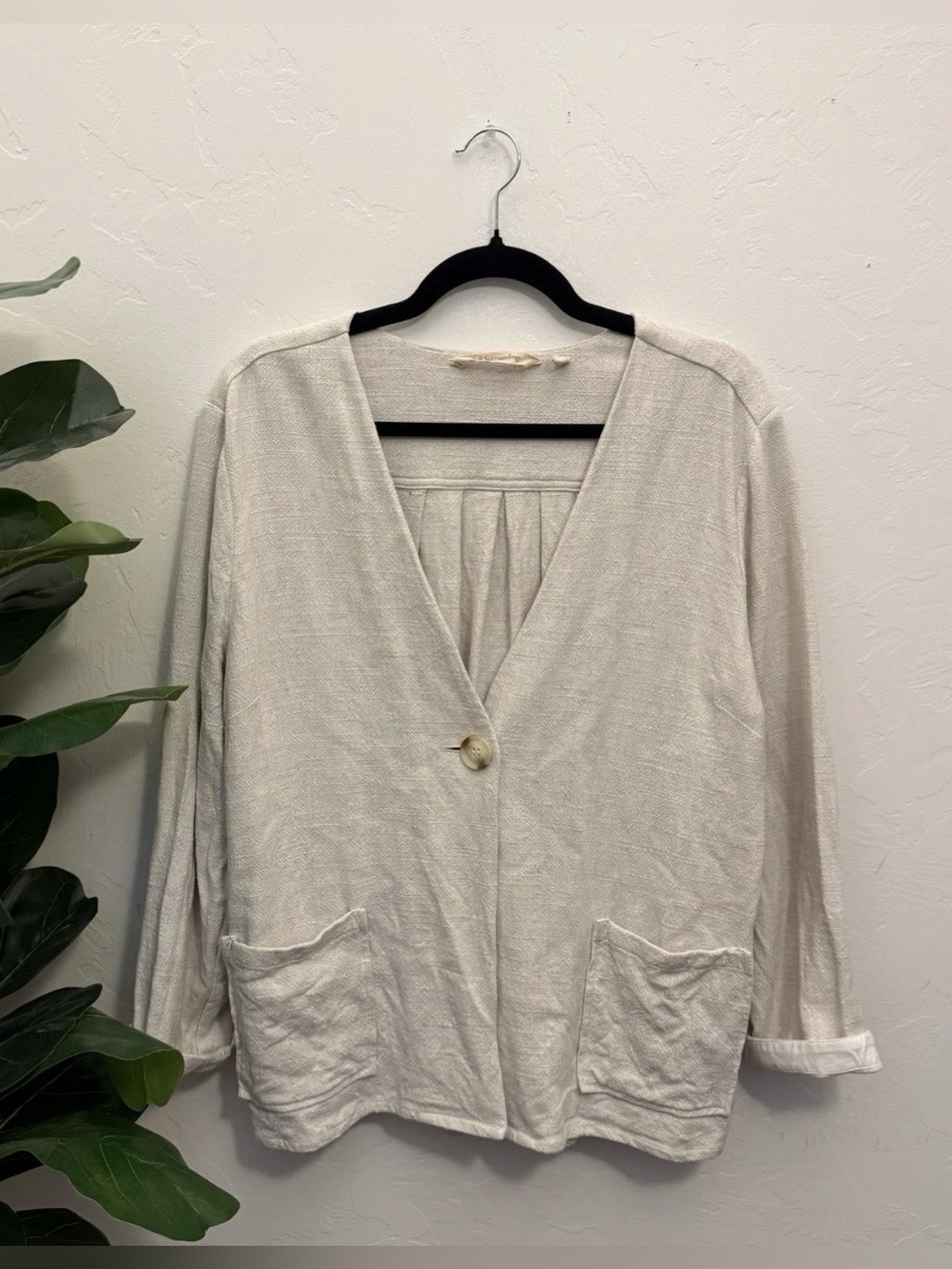 Soft Surroundings Women Beige Linen 3/4 Sleeve Blazer Size XL Breathable Flowy
